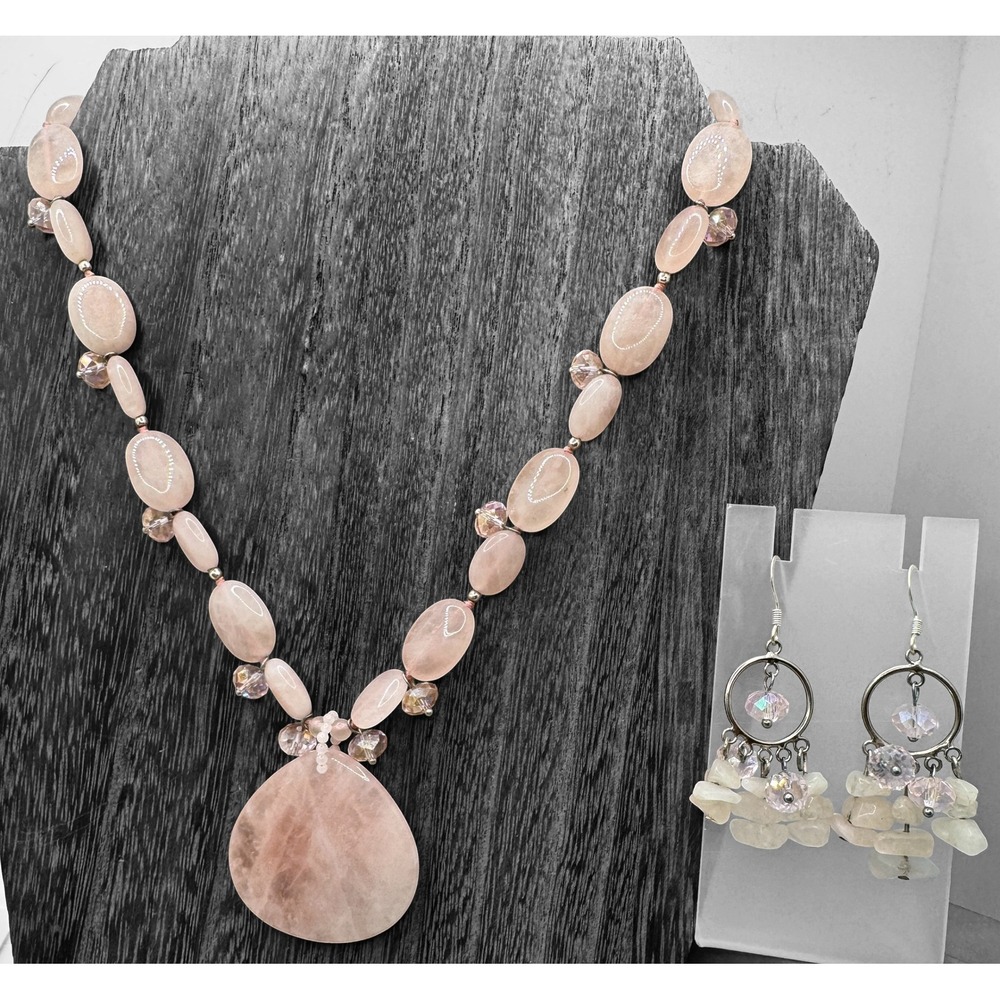 Lucas Lameth LUC 925 Sterling Silver Rose Quartz Beaded Pendant Necklace Set